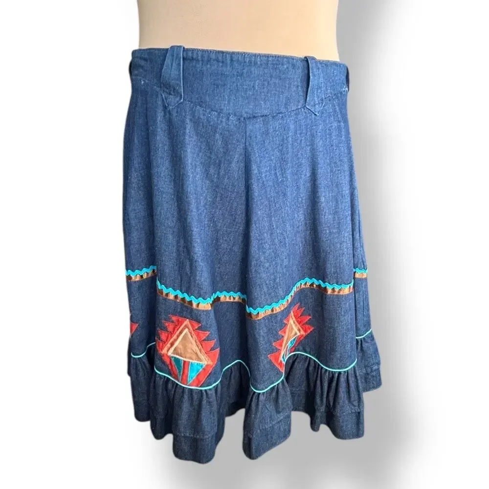 Vintage Handmade Southwest Denim Skirt Tiered Ruffle Hem‎ Abstract Art Appliqué
